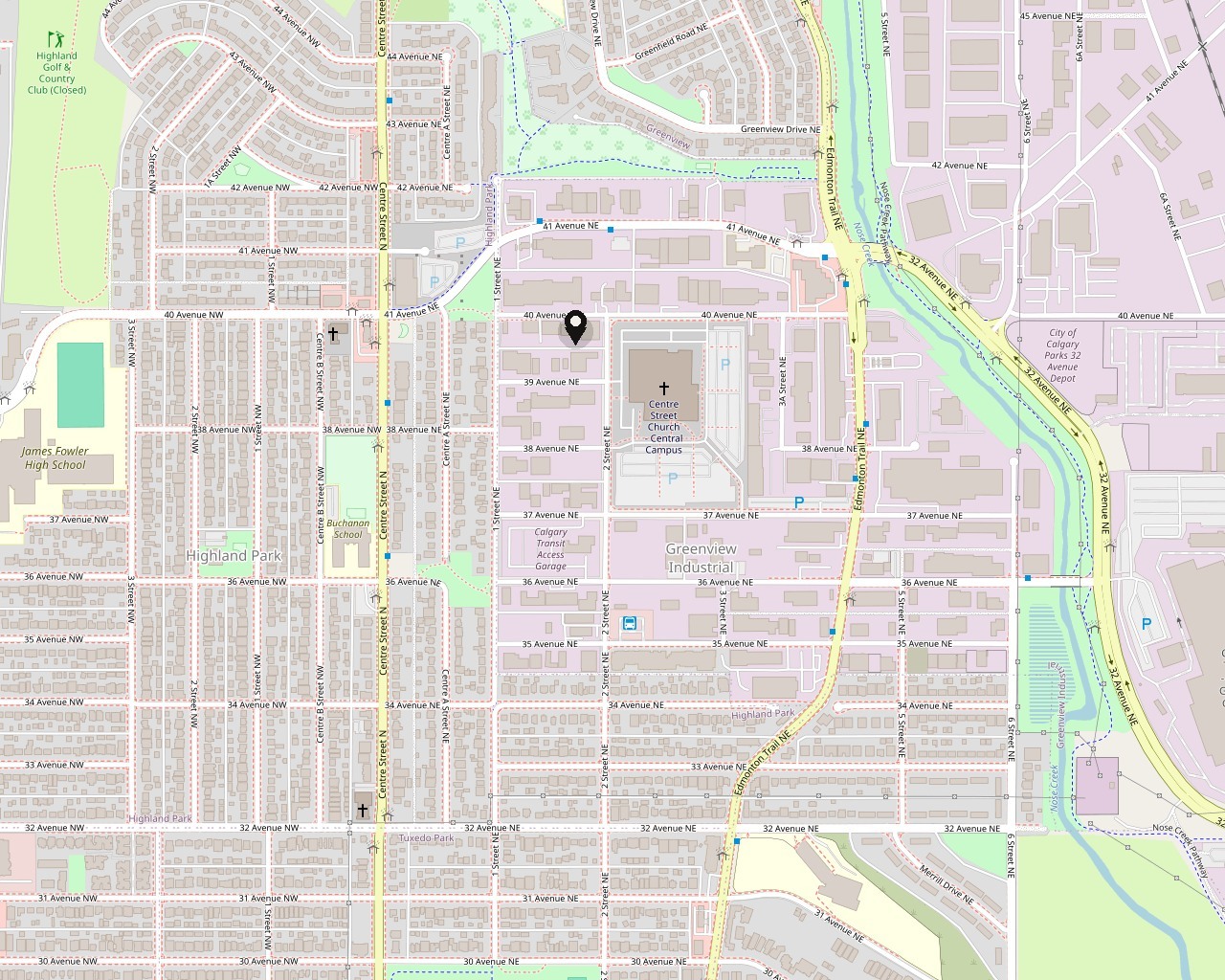 Street map of north-central Calgary showing 40 Avenue NE, Greenview, Highland Park, and Nose Creek, with the shop marked.
