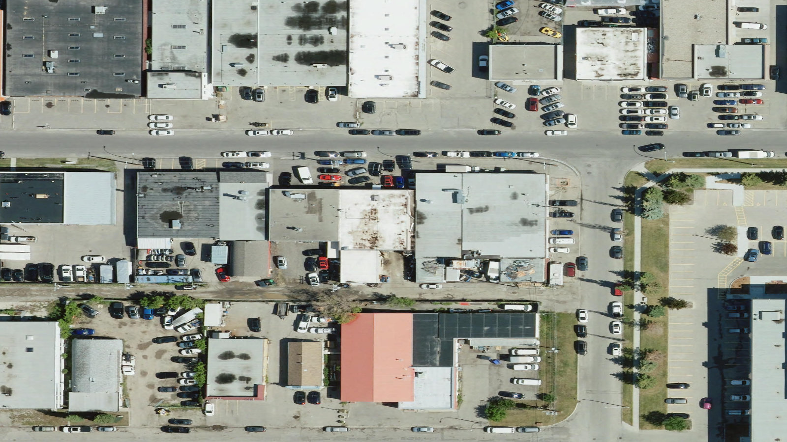 Satellite view of 40 Avenue NE and neighbouring shops in Greenview Industrial Park, Calgary.